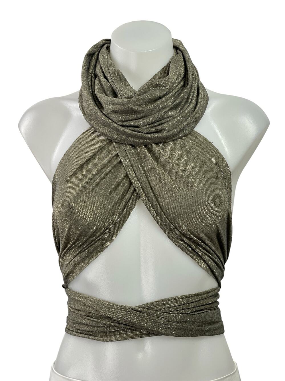 EROS Womens Brown Metallic Halter Cowl Neck Tie Back Crop Fashion Wrap Top Sz XS